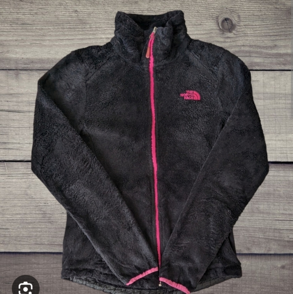THE NORTH FACE Jacket Girls 14/16 Large Black & Pink Osalita Fuzzy Fleece Coat